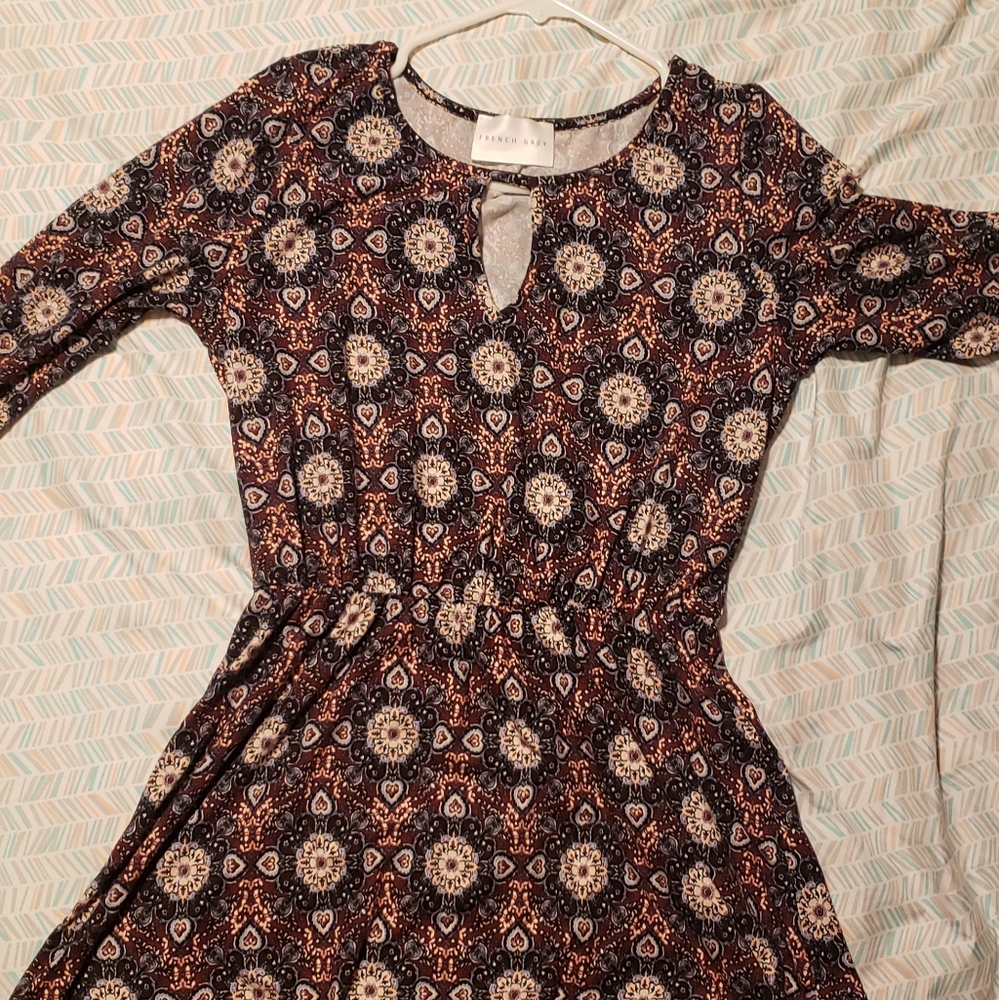 French Grey Long-Sleeve Floral Dress